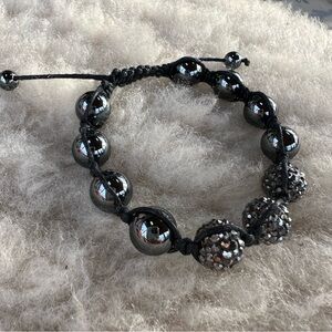 Beaded crochet bracelet key metal dark gray sparkly beads black crochet bracelet